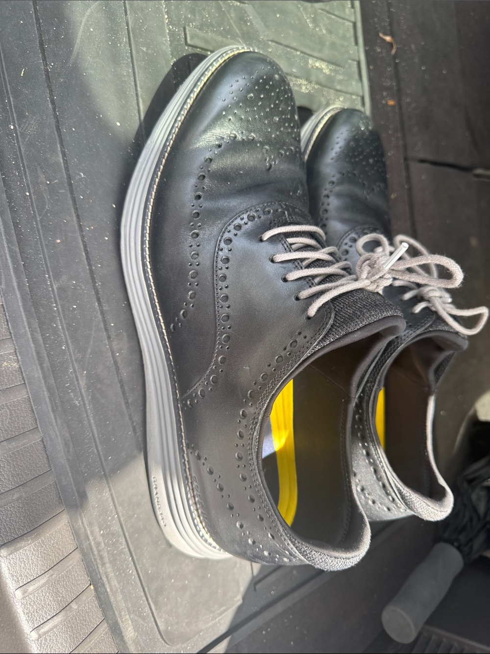 Cole Haan Black Leather Wingtip Oxfords with Gray Laces
